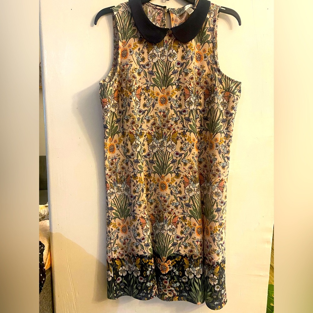 Floral Sleeveless Dress with Black Collar